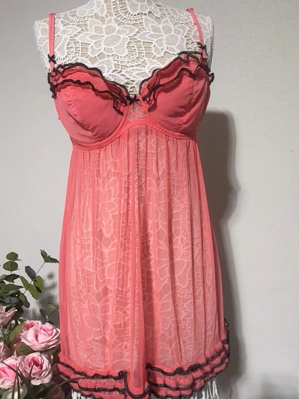 & Other Stories Coral Lace Babydoll Chemise with Black Trim